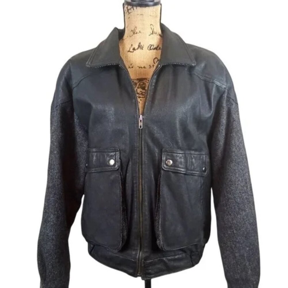 Bermans Men's Leather & Wool Tweed Motorcycle Bomber Jacket Size Medium
